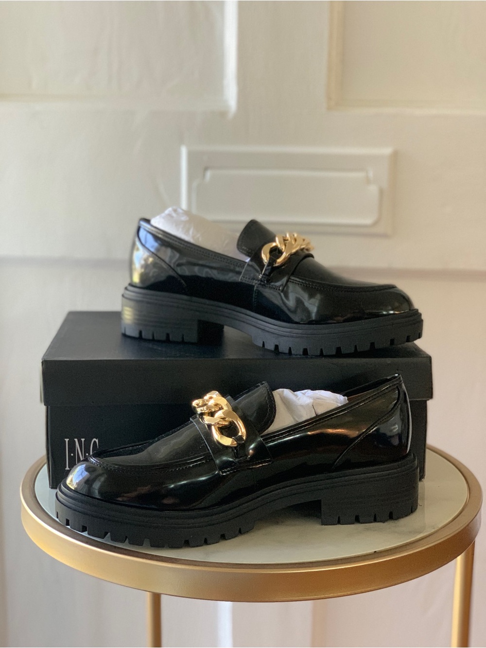 INC International Concepts Women’s Brea Chain-Trim Loafers Black Smooth